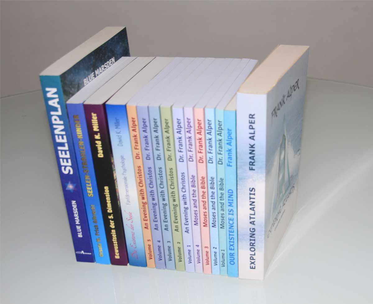 A shelf of the collected works — Frank Alper's books standing together with SeelenPlan by Blue Marsden.